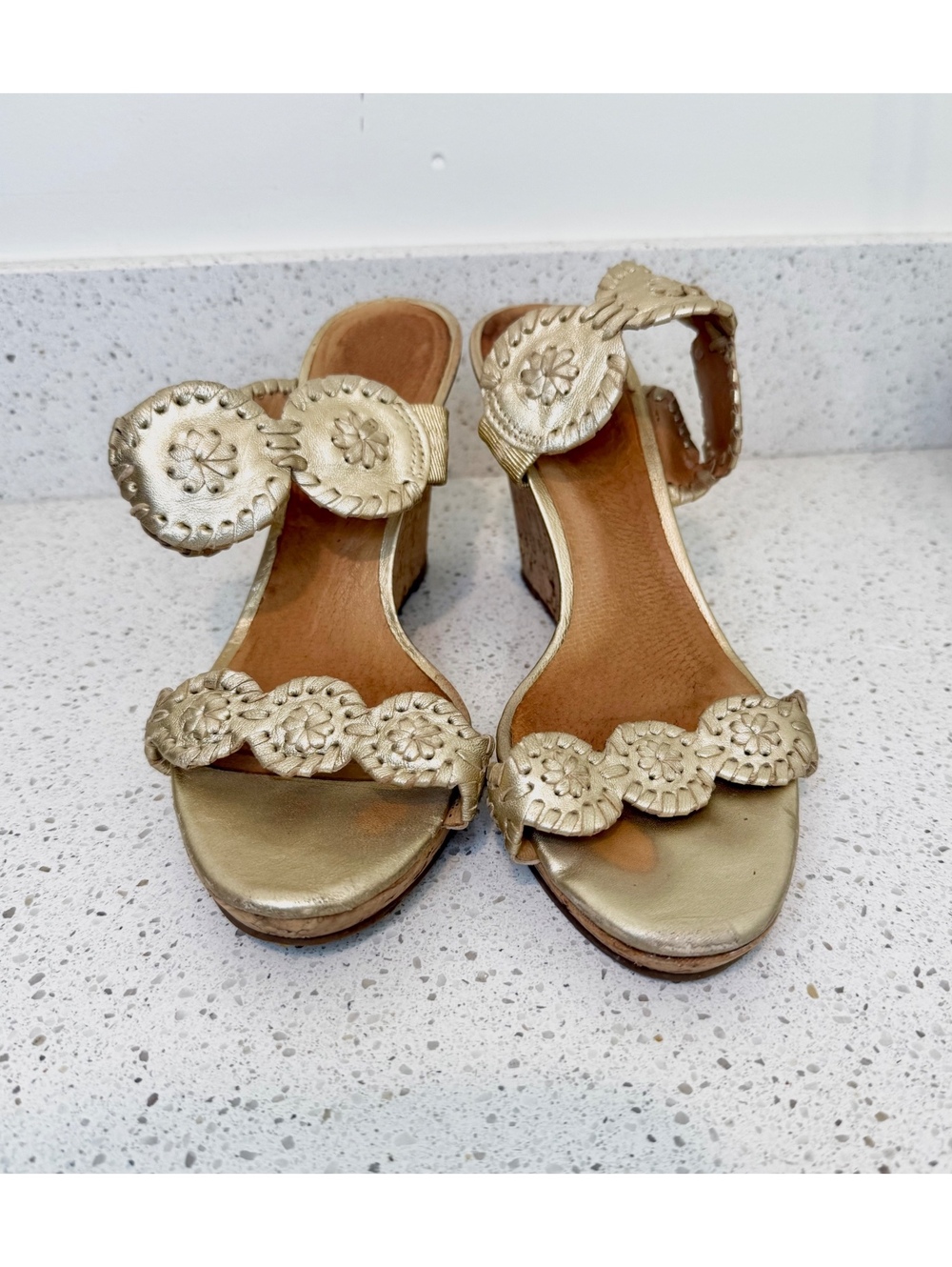 Jack Rogers Gold Leather Wedge Sandals with Cork Heel Size 8